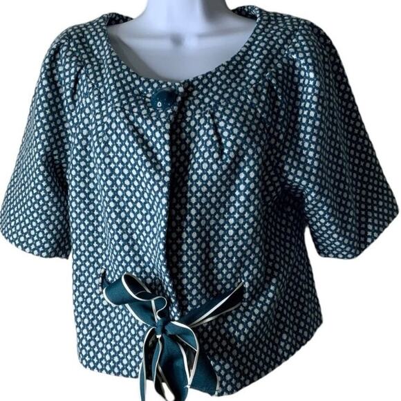Elevenses Wool Cropped Front Tie Top Women Size 4 3/4 Sleeves Tweed Green White - Picture 6 of 10